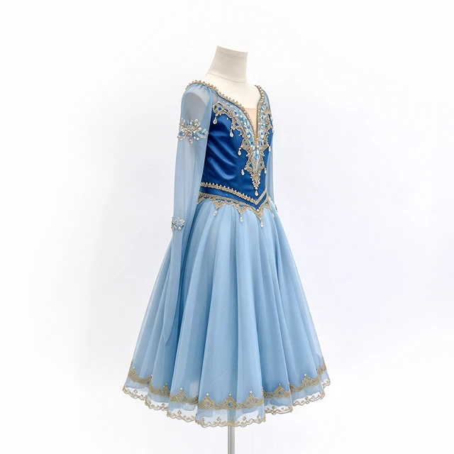 Blue Long Sleeve Romantic Ballet Dress Gold Lace Rhinestone Professional Ballet Stage Performance Co
