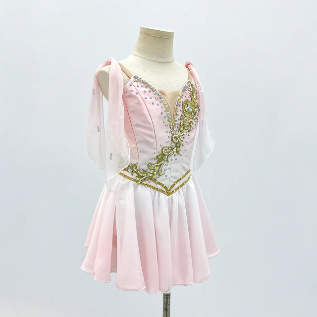 Pink Gradient Cupid Lyrical Dance Dress Bow Strap Gold Applique Rhinestone Contemporary Dance Stage