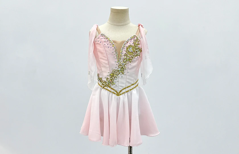 Pink Gradient Cupid Lyrical Dance Dress Bow Strap Gold Applique Rhinestone Contemporary Dance Stage