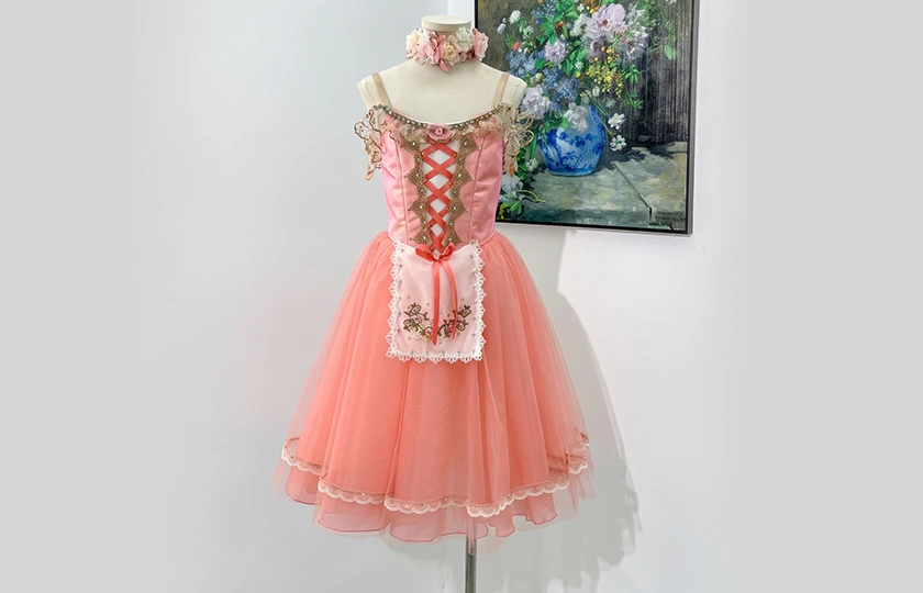 Peach Pink Romantic Ballet Dress Apron Floral Lace Professional Story Ballet Stage Performance Costu
