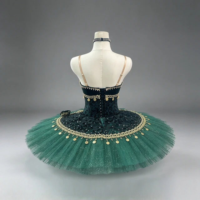 Dark Green Professional Ballet Tutu Dress Gold Coin Rhinestone Classical Ballet Stage Performance Co