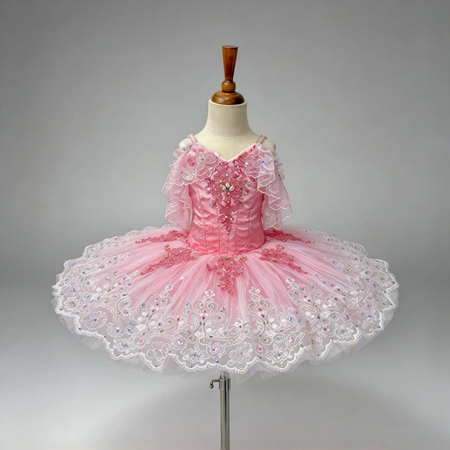Pink Classical Ballet Tutu Dress Off Shoulder Lace Rhinestone Professional Ballet Competition Stage