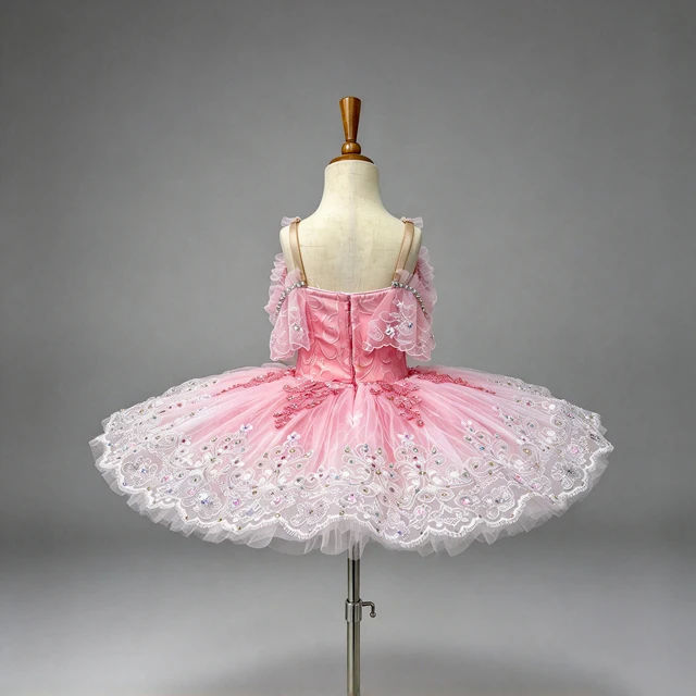 Pink Classical Ballet Tutu Dress Off Shoulder Lace Rhinestone Professional Ballet Competition Stage