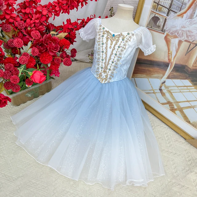 Princess Style Romantic Ballet Costume Square Neck Puff Sleeve Gradient Tulle Ballet Performance Dre