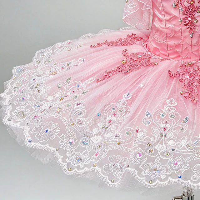Pink Classical Ballet Tutu Dress Off Shoulder Lace Rhinestone Professional Ballet Competition Stage