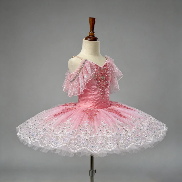 Pink Classical Ballet Tutu Dress Off Shoulder Lace Rhinestone Professional Ballet Competition Stage