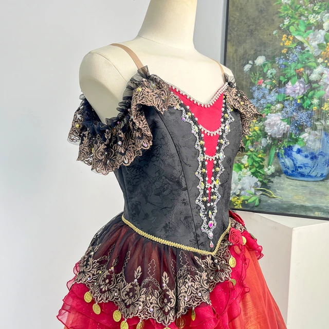 Black Red Spanish Style Ballet Costume Rhinestone Lace Romantic Ballet Competition Dress|BLC2326