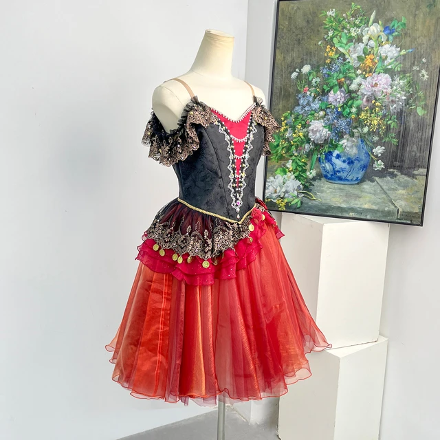 Black Red Spanish Style Ballet Costume Rhinestone Lace Romantic Ballet Competition Dress|BLC2326