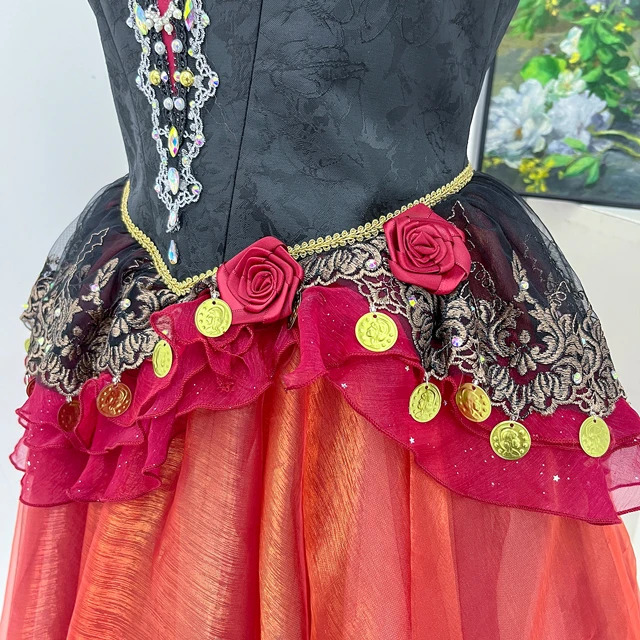 Black Red Spanish Style Ballet Costume Rhinestone Lace Romantic Ballet Competition Dress|BLC2326