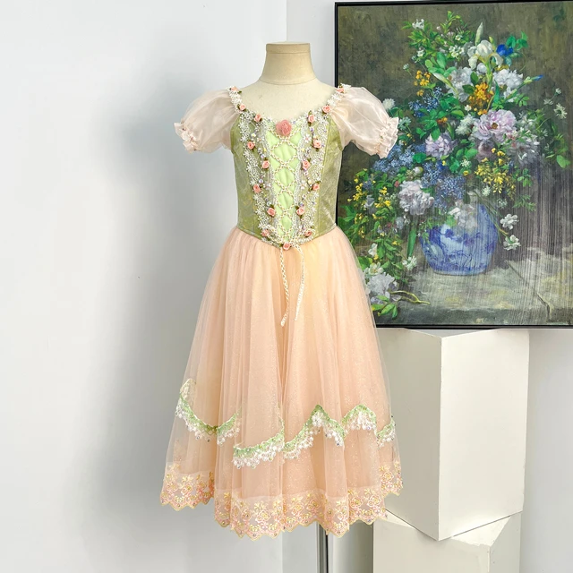 Green Pink Pastoral Peasant Ballet Dress Floral Lace Romantic Ballet Recital Costume|BLC2501