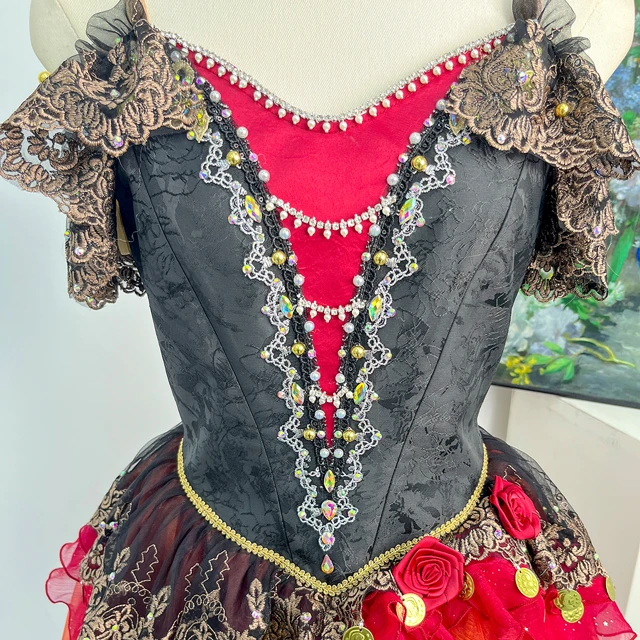 Black Red Spanish Style Ballet Costume Rhinestone Lace Romantic Ballet Competition Dress|BLC2326