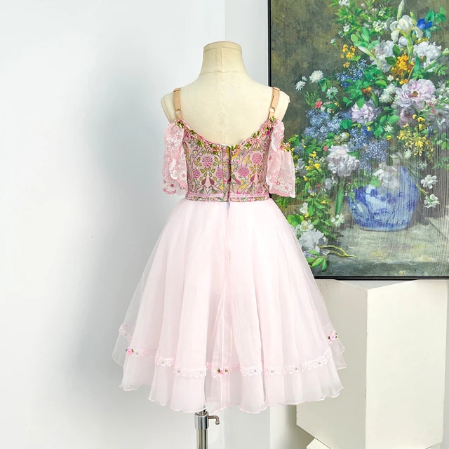Pink Peasant Ballet Tutu Dress Floral Lace Off Shoulder Ballet Variation Performance Costume|BLC2592