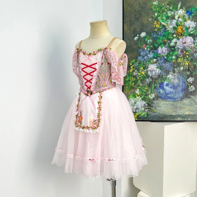 Pink Peasant Ballet Tutu Dress Floral Lace Off Shoulder Ballet Variation Performance Costume|BLC2592