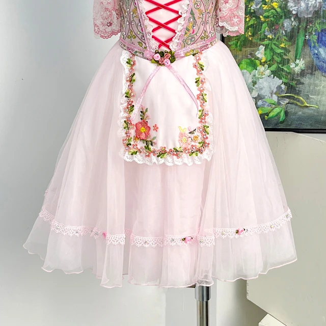 Pink Peasant Ballet Tutu Dress Floral Lace Off Shoulder Ballet Variation Performance Costume|BLC2592
