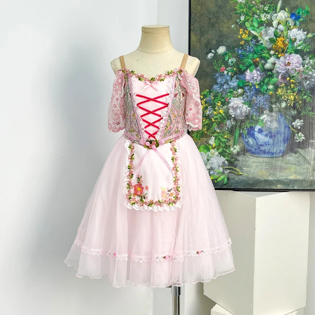 Pink Peasant Ballet Tutu Dress Floral Lace Off Shoulder Ballet Variation Performance Costume|BLC2592