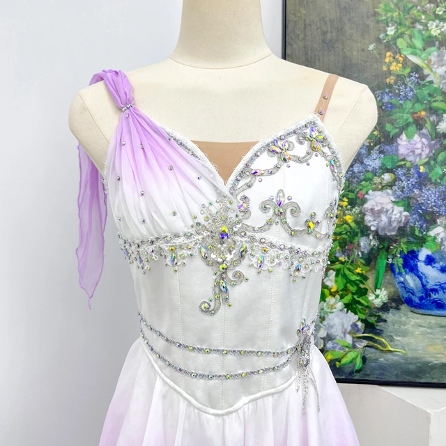 White Lavender Ombre Romantic Ballet Tutu Dress Rhinestone Ballet Variation Performance Costume|BLC2
