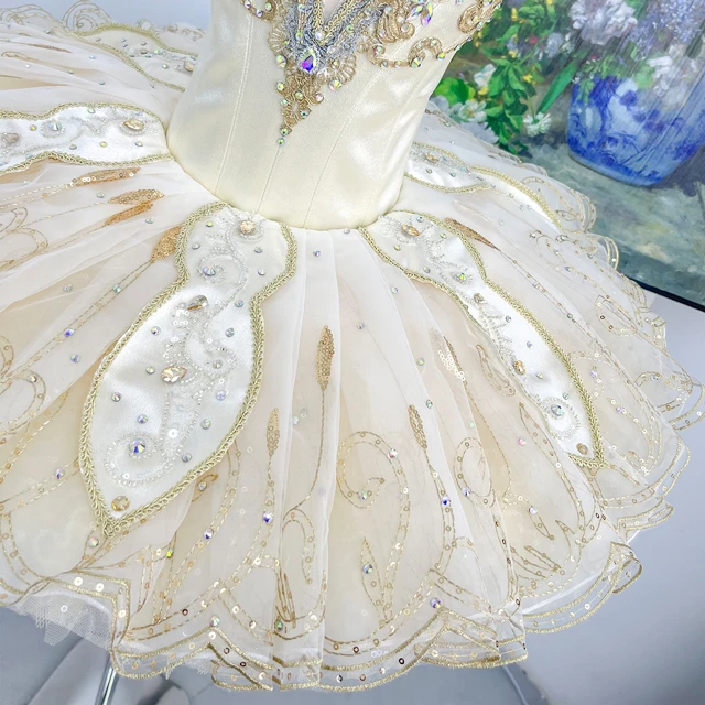Cream Gold Ballet Tutu Dress, V-neck Rhinestone Professional Ballet Costume|BLT2296