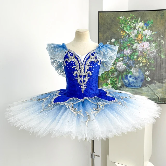 Royal Blue Gradient Ballet Tutu Dress Ruffle Shoulder Professional Ballet Competition Costume for Gi