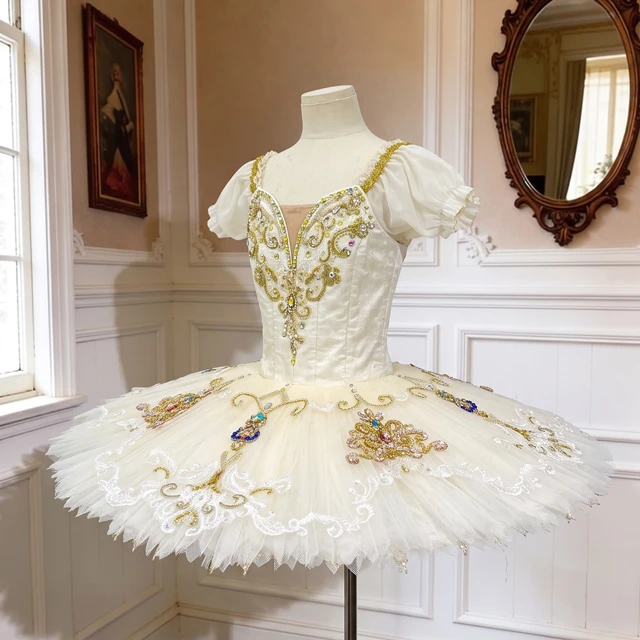 Cream White Gold Embellished Ballet Tutu Dress Professional Ballet Competition Costume for Girls|BLT