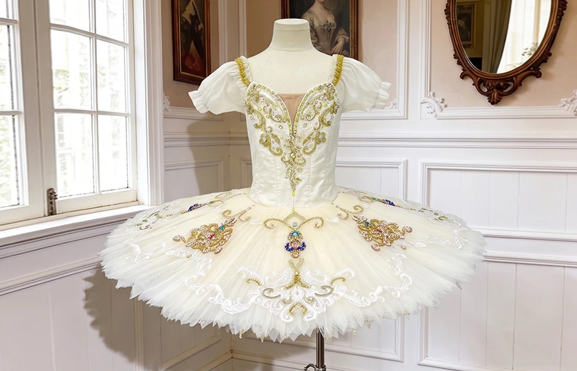 Cream White Gold Embellished Ballet Tutu Dress Professional Ballet Competition Costume for Girls|BLT