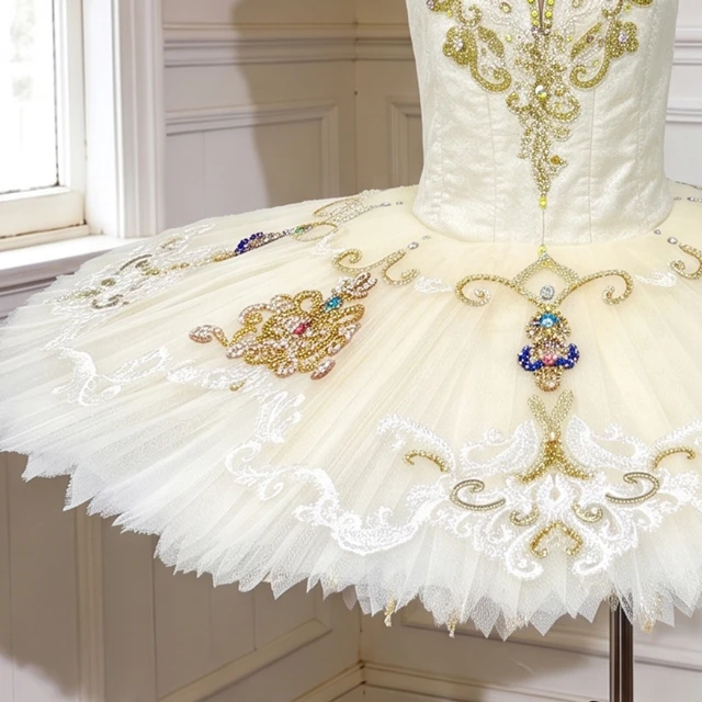 Cream White Gold Embellished Ballet Tutu Dress Professional Ballet Competition Costume for Girls|BLT