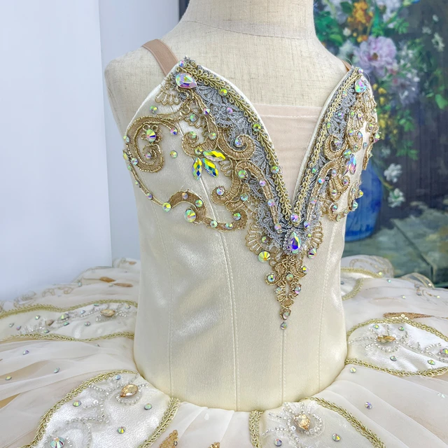 Cream Gold Ballet Tutu Dress, V-neck Rhinestone Professional Ballet Costume|BLT2296