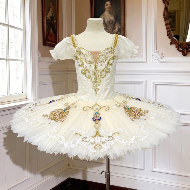 Cream White Gold Embellished Ballet Tutu Dress Professional Ballet Competition Costume for Girls|BLT