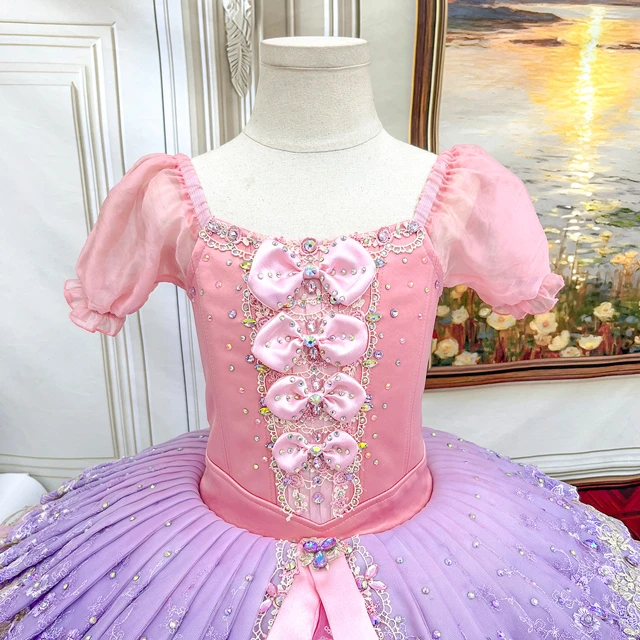 Pink Purple Ombre Ballet Tutu Dress Puff Sleeve Bow Decor Professional Ballet Competition Costume|BL