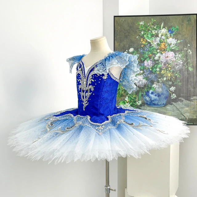 Royal Blue Gradient Ballet Tutu Dress Ruffle Shoulder Professional Ballet Competition Costume for Gi