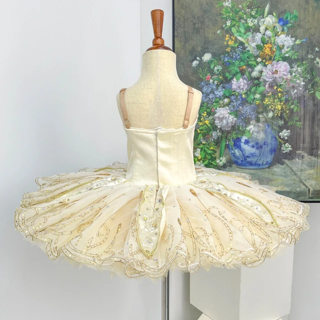 Cream Gold Ballet Tutu Dress, V-neck Rhinestone Professional Ballet Costume|BLT2296