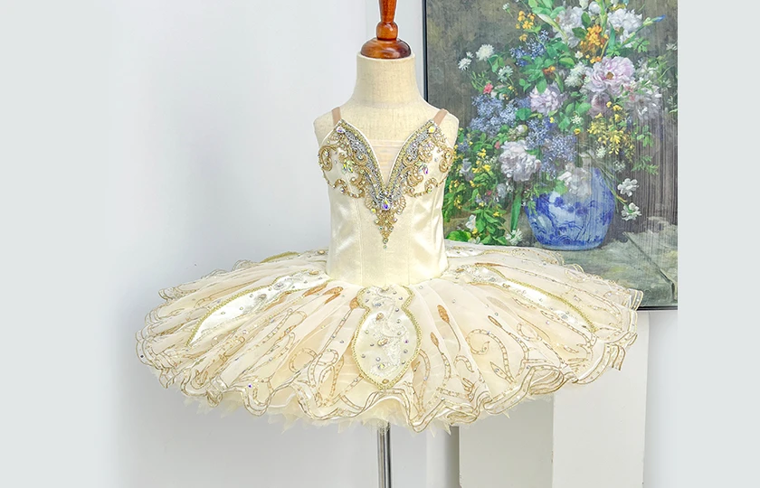 Cream Gold Ballet Tutu Dress, V-neck Rhinestone Professional Ballet Costume|BLT2296