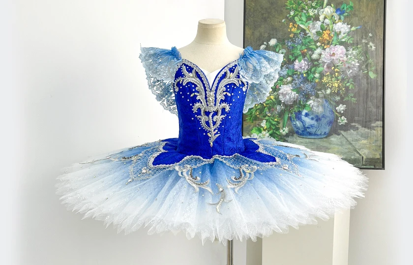 Royal Blue Gradient Ballet Tutu Dress Ruffle Shoulder Professional Ballet Competition Costume for Gi