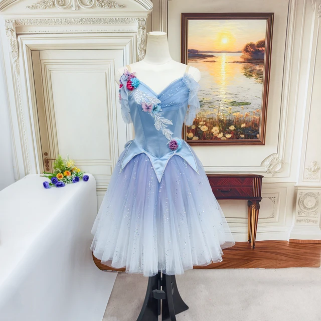 Light Blue Gradient Romantic Professional Fairy Ballet Costume with Floral & Butterfly Decor|BLC2502